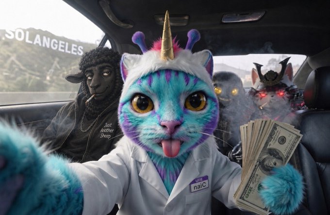A surreal AI-generated image showing a colorful cyan and purple unicorn-cat hybrid in a lab coat holding a fan of cash, with a sheep smoking a cigar and demonic creatures in the backseat of a car, with 'SOLANGELES' text visible on the window.