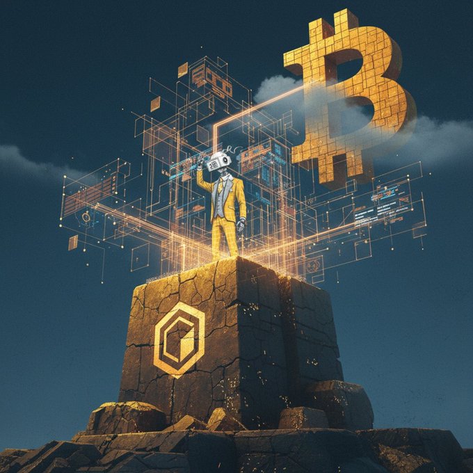 A digital artwork depicting a figure in a yellow suit wearing a VR headset standing on a stone pedestal beside a large golden Bitcoin symbol, surrounded by glowing holographic blockchain interfaces.