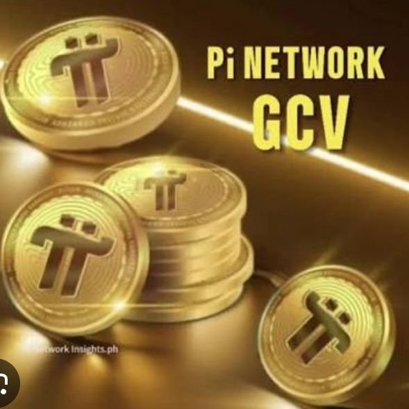 The image displays several golden Pi Network coins stacked and scattered, with the text "Pi NETWORK GCV" in bold yellow letters at the top, visually reinforcing the post's message urging the community to move beyond the speculative and controversial "GCV" debate and instead follow the Core Team's guidance on purchasing coins.