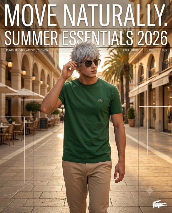 A fashion advertisement featuring a silver-haired male model wearing sunglasses and a green Lacoste t-shirt, with text reading "MOVE NATURALLY. SUMMER ESSENTIALS 2026."