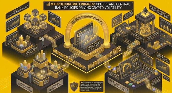 Infographic titled 'MACROECONOMIC LINKAGES: CPI, PPI, AND CENTRAL BANK POLICIES DRIVING CRYPTO VOLATILITY' showing a finance academy network of data visualizations.