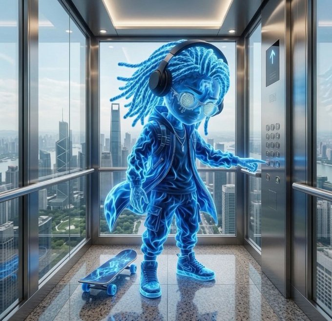 A glowing blue holographic figure with dreadlocks and headphones, wearing a jacket and sneakers, pointing at elevator buttons inside a glass elevator overlooking a city skyline.