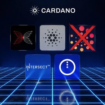 The image features the Cardano logo at the top with four panels below showing various cryptocurrency symbols, including one crossed out (appearing to represent Emurgo being removed), alongside the Intersect logo and another "i" branded icon.

The visual supports the post's announcement about Emurgo being removed from Cardano's PENTAD alliance, with the red "X" over one of the logos symbolizing their departure, while the remaining logos (IOG, CF, Midnight Foundation, and Intersect) represent the new four-member "TETRAD."
