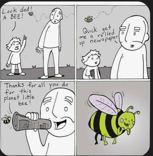 A four-panel comic strip showing a child pointing out a bee, asking their dad for a rolled-up newspaper, then the dad thanking the bee for its pollination work on the planet.