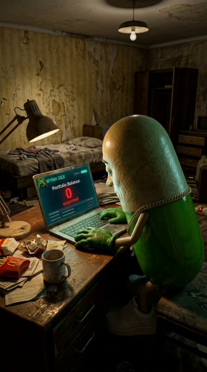 The image features a green pill character sitting at a desk with a laptop computer, which has a "STOP" message displayed on its screen. The pill character appears to be using the laptop for some purpose or activity. In addition to the pill character, there are other objects in the scene such as a cup and a book.