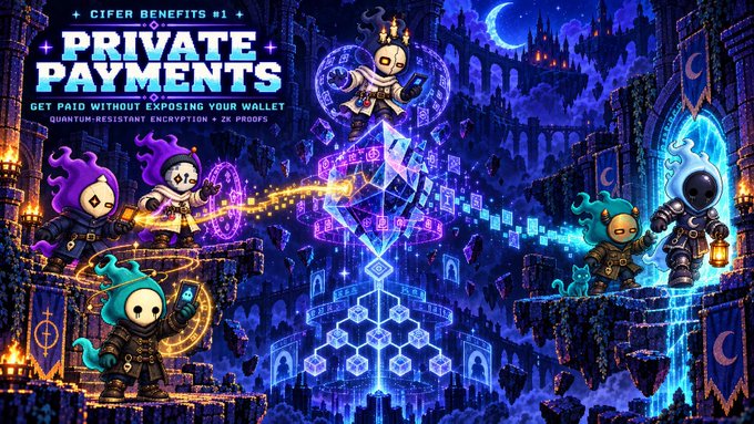 A pixel art graphic promoting 'PRIVATE PAYMENTS' with the text 'GET PAID WITHOUT EXPOSING YOUR WALLET' and 'QUANTUM-RESISTANT ENCRYPTION + DE PROOFS,' showing cartoon hooded characters around a glowing central cube.