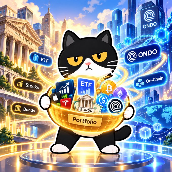 A cartoon illustration of a grumpy black and white cat holding a basket labeled "Portfolio" filled with stocks, ETFs, bonds, and crypto, set against a Wall Street/crypto backdrop with "ONDO" and "On-Chain" branding.
