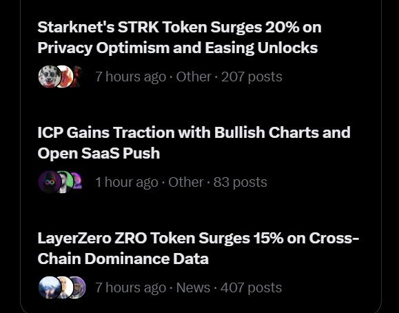 A feed of crypto news headlines highlights Starknet's STRK token surging 20% on privacy optimism and easing unlocks, ICP gaining traction with bullish charts, and LayerZero's ZRO token up 15% on cross-chain dominance data. The accompanying post aligns with the image, noting both STRK and ZRO have surged significantly in the past 30 days, with STRK nearly tripling and ZRO doubling, hinting at potential further upside and teasing an upcoming STRK roundup.