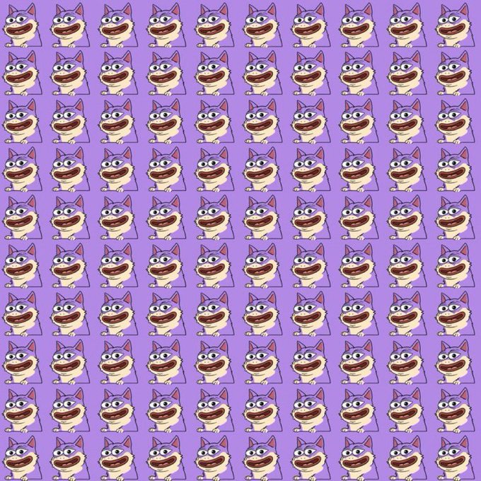 A repeating pattern of a grinning cartoon cat face on a purple background.