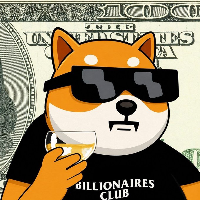 An anthropomorphic Shiba Inu dog wearing oversized black sunglasses and a "BILLIONAIRES CLUB" t-shirt holds a glass of wine, set against a backdrop of US currency, embodying the "welcome to the big leagues" meme of newfound crypto wealth and luxury status.