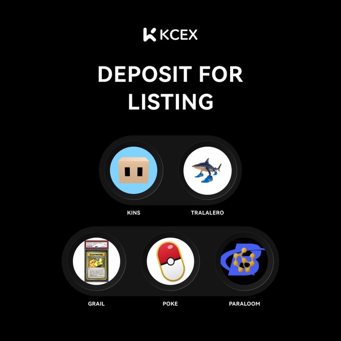 The image features a poster for an event called "The #KCEX Deposit for Listing" that has just started. The poster displays four different Pokemon icons, each representing a project listed on KCEX. The first icon shows a Pokemon card with a green and yellow design, the second one is a Pokemon card featuring a blue and red design, the third one is a Pokemon card with a purple and white design, and the fourth one is a Pokemon card with a black and white design. The poster also includes text that reads "deposit for listing" and "KCEX", indicating that users can deposit money to help list these projects on KCEX.
