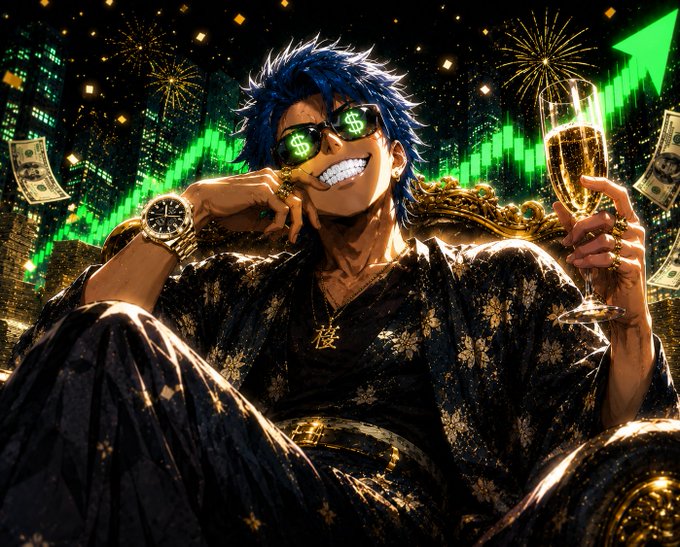 An anime-style illustration of a blue-haired man wearing sunglasses with dollar signs, holding a cigar and champagne, with gold coins, dollar bills, fireworks, and green stock market charts in the background.