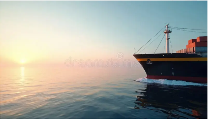 A serene seascape showing a large cargo ship loaded with shipping containers sailing on calm water at sunset, with the sun low on the horizon creating a golden reflection on the ocean surface.