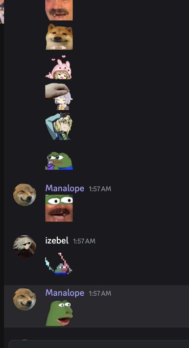 A Discord chat screenshot at 1:57 AM shows users "Manalope" and "izebel" responding to a request for emojis, sharing image attachments including Pepe the Frog variants, a doge, and various cartoon characters as potential suggestions.