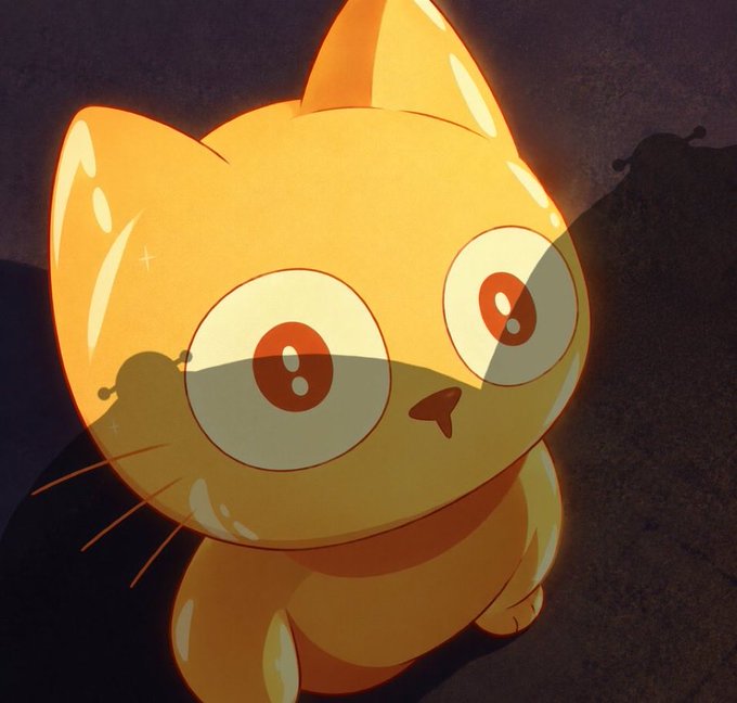 An illustration of a stylized, large-eyed yellow cartoon cat with a small orange scarf, sitting against a dark, shadowy background.