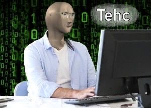 A bald man wearing glasses and a blue button-up shirt sits at a computer with a green Matrix-style binary code background, with a speech bubble reading 'Tehc'.