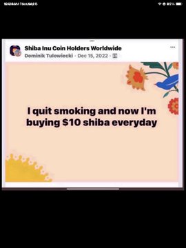 A social media post from 'Shiba Inu Coin Holders Worldwide' reads 'I quit smoking and now I'm buying $10 shiba everyday.'