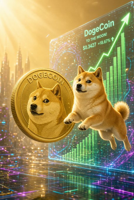 Digital artwork of a Shiba-Inu dog leaping joyfully in front of a holographic chart displaying 'DogeCoin TO THE MOON! $0.3427 +18.67%', alongside a large gold DogeCoin token and a futuristic neon cityscape.