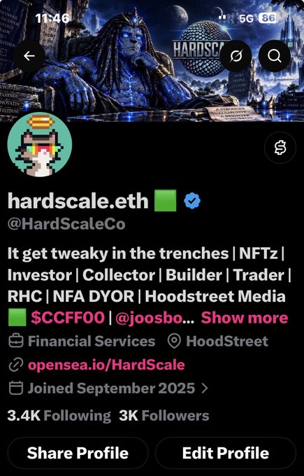 The image shows a Twitter/X profile for "hardscale.eth" (@HardScaleCo) with 3K Followers and 3.4K Following, featuring a blue-toned armored avatar banner. The post celebrates hitting the 3,000-follower milestone shown on the profile, with the user announcing a giveaway of 30 random NFTs as a token of appreciation for their supporters.