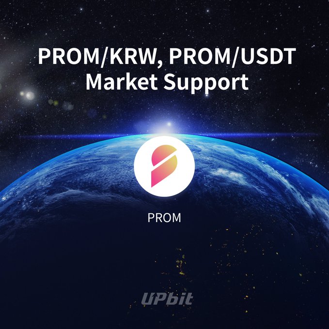 A promotional graphic from Upbit featuring the PROM logo against a backdrop of Earth from space, announcing KRW and USDT market trading support for PROM (Prom) cryptocurrency starting 2026-08-12. The image reinforces the announcement's key details, including the supported markets and the Upbit branding, while tying into the tagged promotional post from @prom_io.