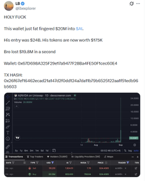 A screenshot of a tweet by LB (@lbexplorer) celebrating a crypto wallet's 19.8M gain, showing transaction hashes and a price chart for $SAIL token showing massive growth.