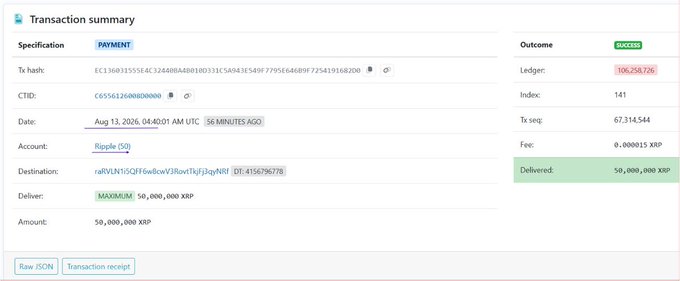A Transaction summary shows a successful payment of 50,000,000 XRP delivered to address rJ9kR...NRf on Aug 13, 2026, with ledger 106,258,726.