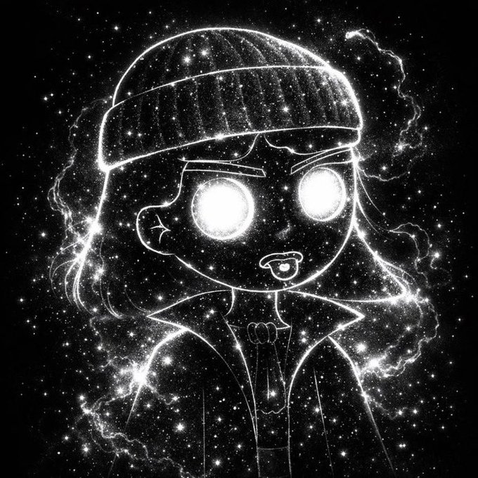 A glowing white cosmic/starfield illustration of an anime-style character with a beanie and bright glowing eyes against a black background.