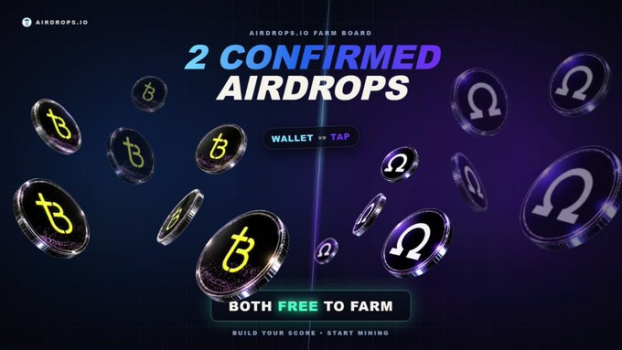 The promotional graphic for AIRDROPS.IO's Farm Board showcases "2 CONFIRMED AIRDROPS" featuring floating 3D-rendered coins displaying Bitcoin (₿) and Omega (Ω) symbols, along with the text "WALLET 1x TAP" and "BOTH FREE TO FARM • BUILD YOUR SCORE • START MINING." The image visually represents the accompanying post's message of earning two crypto airdrops through simple daily taps, tying the "one tap a day" call-to-action to the Bitcoin and Omega token imagery while reinforcing the airdrop farming concept.