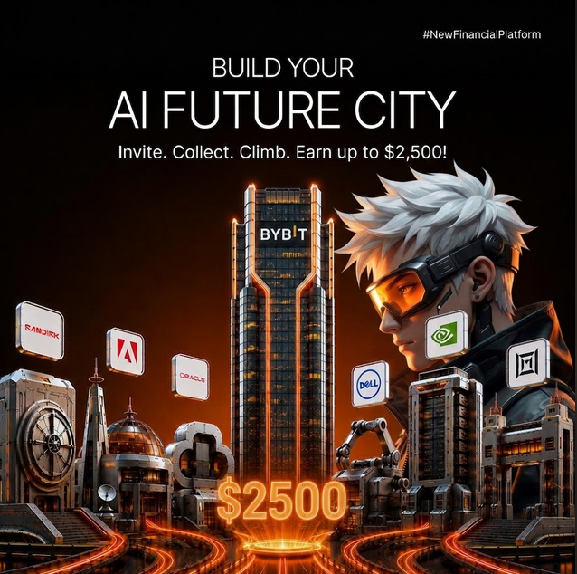 A promotional graphic for Bybit titled 'BUILD YOUR AI FUTURE CITY' offering up to $2,500, featuring an anime-style character and tech company logos including NVIDIA, Oracle, Dell, and AMD.