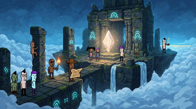A pixel-art scene shows a floating temple above the clouds, where a group of quirky character NFTs—including one wearing a cowboy hat and another holding a torch—gather around a glowing crystal, with waterfalls cascading off the stone platform. The image visually represents the ArcPunks NFT community, celebrating early minters who will receive a free matching ArcPunk from the 1,000 reserved NFTs when the official collection launches.