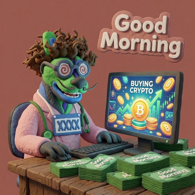 The image shows a 3D-rendered cartoon character with curly hair and spiral glasses sitting at a computer displaying "BUYING CRYPTO" alongside Bitcoin symbols and rising charts, surrounded by stacks of money labeled "Good Morning." It visually matches the post's greeting and "what are we buying today?" crypto-shilling request by depicting an eager trader ready to pump tickers with "Good Morning" energy.