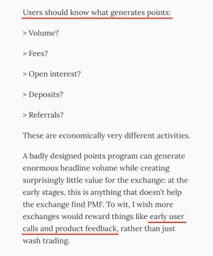 The image shows a text excerpt discussing how exchanges generate points for users, listing five activities: "Volume?", "Fees?", "Open interest?", "Deposits?", and "Referrals?". It argues these are economically different activities and warns that a poorly designed points program can create "enormous headline volume while creating surprisingly little value for the exchange," concluding with the underlined phrase: "early user calls and product feedback, rather than just wash trading." This aligns with the accompanying post about QFEX founder Annanay's article, which emphasizes rewarding early users who genuinely helped bootstrap the network through real engagement rather than artificial activity—reinforcing the message that meaningful early contributions should be valued over superficial metrics.