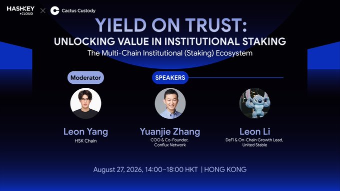 The image is a promotional graphic for a panel event titled "YIELD ON TRUST: UNLOCKING VALUE IN INSTITUTIONAL STAKING," part of "The Multi-Chain Institutional (Staking) Ecosystem," featuring moderator Leon Yang (HSK Chain) and speakers Yuanjie Zhang (COO & Co-Founder, Conflux Network) and Leon Li (DeFi & On-Chain Growth Lead, United Stable), scheduled for August 27, 2026, 14:00–18:00 HKT in Hong Kong. The event is co-hosted by HSK Chain and Cactus Custody, aligning with the post's announcement of HSK Chain's participation in the event.