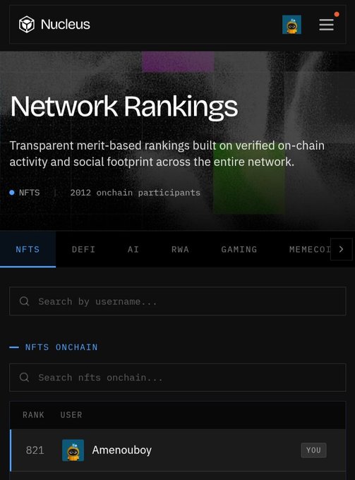 The 'Nucleus' app showing a 'Network Rankings' page for NFTs onchain, displaying the user 'Amenouboy' at rank 821.