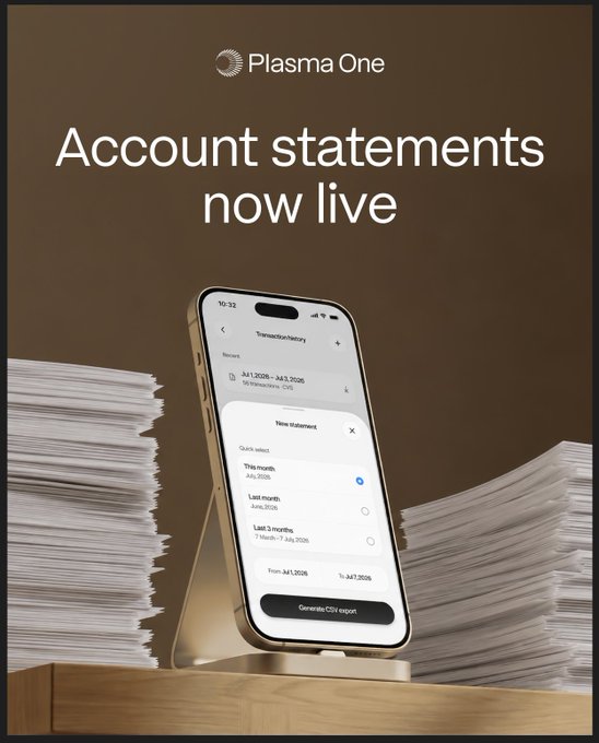A promotional image for Plasma One announcing that account statements are now live, featuring a smartphone displaying the app's transaction history with a "New statement" pop-up offering to generate a CSV export for periods including July 2025, alongside a background of tall paper statement stacks.