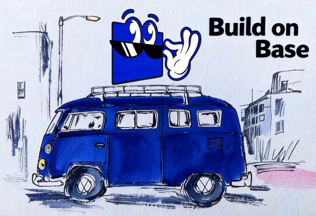 The image features a blue Volkswagen van driving down a street, with a cartoon character wearing sunglasses sitting on top of the van's roof. The text "Build on Base" is written above the van, and there are two other cars visible in the background - one behind the van and another further away to the right side of the scene.