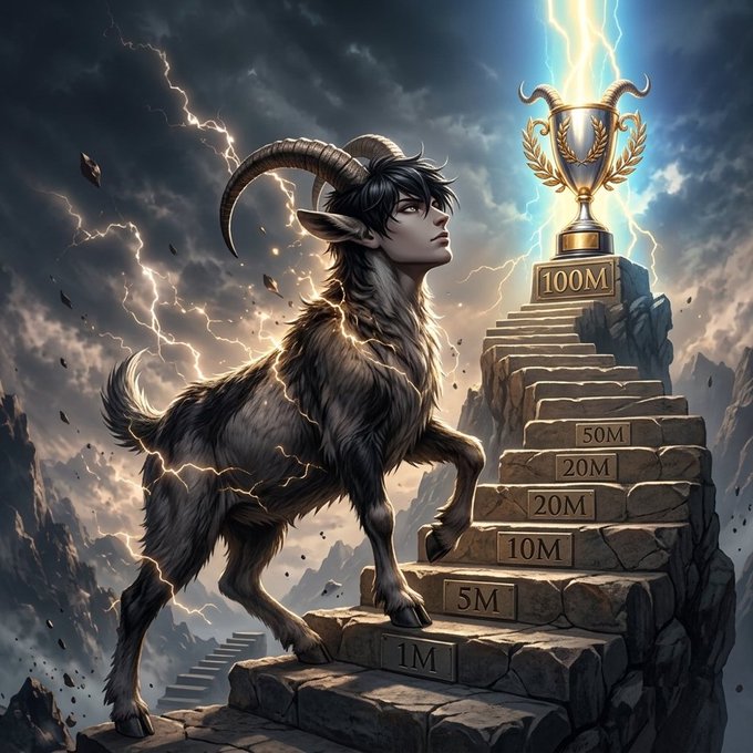 A fantasy illustration of a goat-like humanoid with horns climbing stone steps marked with milestones (1M, 5M, 10M, 20M, 50M, 100M) toward a glowing golden trophy amidst lightning and stormy clouds.