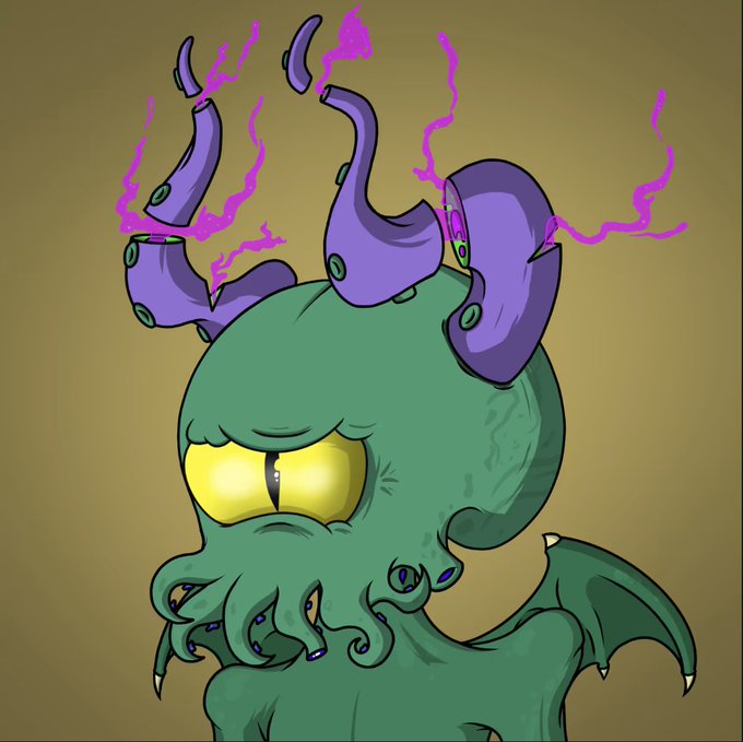A cartoon illustration of a green Cthulhu-like creature with purple tentacles and glowing yellow eyes, emitting pink magical energy from its broken horns.