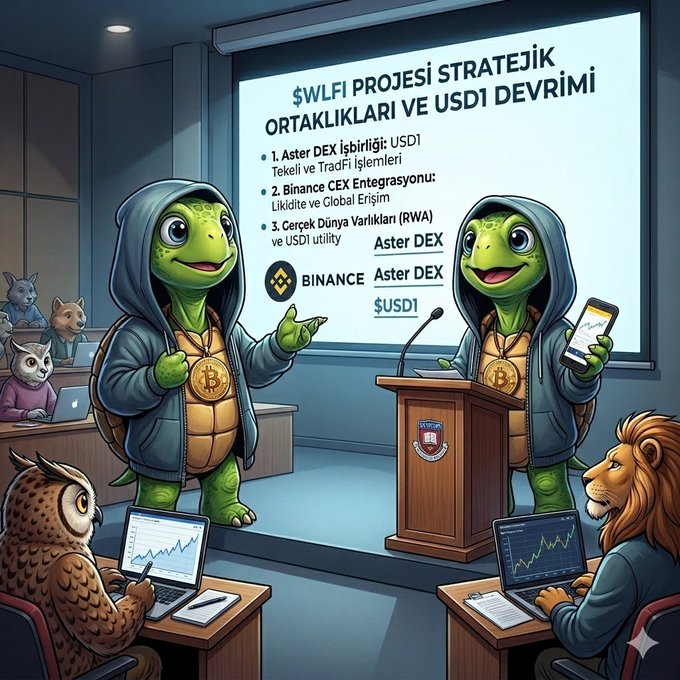The image features two cartoon turtles wearing hoods, each holding a cell phone or laptop while presenting at a podium with a sign that says "WLFI'nin gelecek planlarını anlattım". Another figure is also present in the scene. One of the turtles appears to be holding a cell phone and there are multiple laptops on the table. In the background, there's another person who might be related to the presentation or just observing it from afar. The overall context suggests that this could be an event where two turtle characters are presenting something on a stage while others look on.