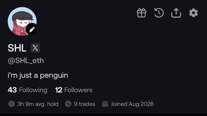 A social media profile for 'SHL' (@SHL_eth) with the bio 'i'm just a penguin', showing 43 Following and 12 Followers, joined Aug 2026.