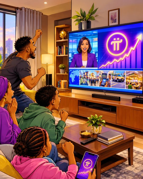 An illustration of a family excitedly watching a news broadcast on a large TV screen that displays a Pi Network (π) logo with an upward trending arrow.