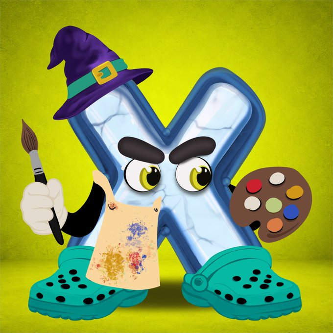 A cartoon illustration of an anthropomorphic letter 'X' dressed as an artist, wearing a purple witch hat and teal Crocs, holding a paintbrush, palette, and a small canvas.