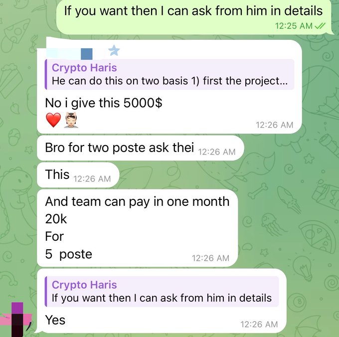 A Telegram conversation between someone and "Crypto Haris" discussing payment terms for a Web3 project, showing offers of $5,000 and $20,000 for 5 posts within a month, confirming the high compensation KOLs receive even with smaller followings.