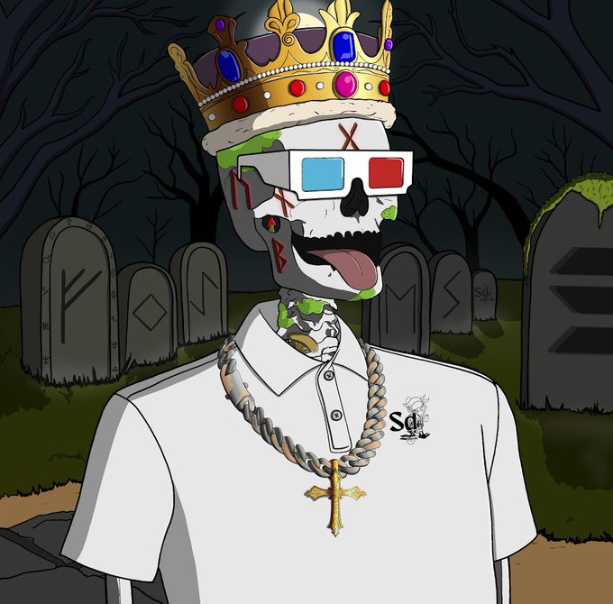 Cartoon image of a skeletal figure wearing a crown, 3D glasses, and a white polo shirt with a cross necklace, standing in a graveyard with Solana (SOL) themed tombstones.