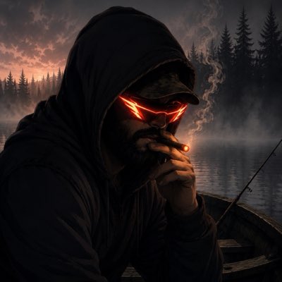 A moody, atmospheric image of a hooded figure with glowing red eyes and a beard smoking a cigarette while sitting in a boat on a misty lake at sunset.