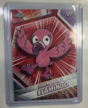 A trading card featuring a pink cartoon flamingo character labeled 'FORKINGTO FLAMINGO' with a 'VF' logo in the top right corner.