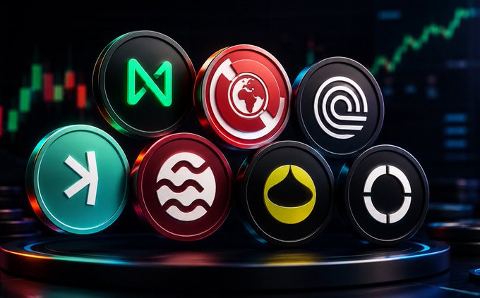 The image features six different coins, each with a unique design or symbol, stacked together. The coins are arranged in a way that they appear to be floating above a black background. The text "Projects and Coins Worth Following This Week With the multitude of updates and launches" is written below the coins, indicating that there might be some projects worth following this week based on the image's content.
