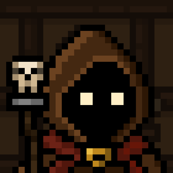 A pixel art character with a dark hooded cloak, glowing yellow eyes, and a skull-topped staff stands against a brown background. The image relates to the post by showcasing the "skull staff" weapon mentioned, suggesting the character "undead" as a potential profile picture fit for their fantasy gaming persona.