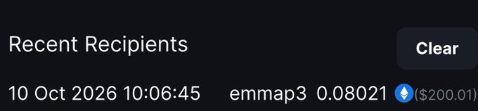 The image shows a transaction confirmation displaying "Recent Recipients" with a "Clear" button, listing a payment of $200.01 sent to "emmap3" on 10 Oct 2026 at 10:06:45, along with an ETH (Ethereum) drop tag "emmap3 0.08021," which corresponds to the $200 giveaway shown in the accompanying post.