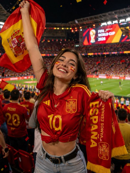 A young woman smiling joyfully while holding a Spanish flag and scarf at the FIFA World Cup 2026, wearing a red Spain #10 jersey with face paint in the Spanish colors.